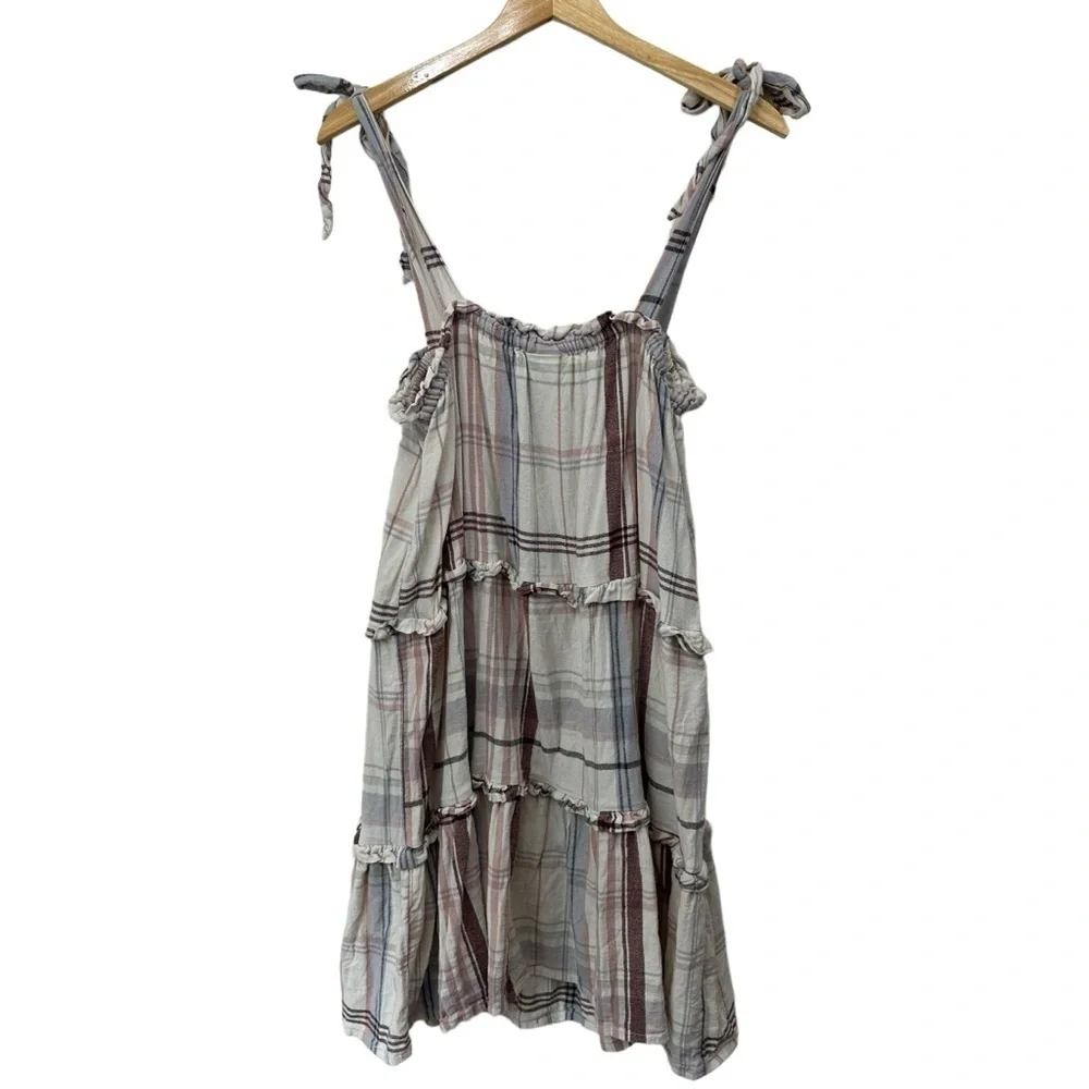 Cottagecore Tiered Smock Dress with Tie Shoulders, Creamy White Plaid, XL
